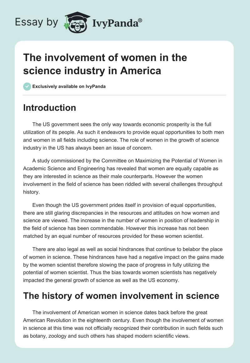 The involvement of women in the science industry in America. Page 1