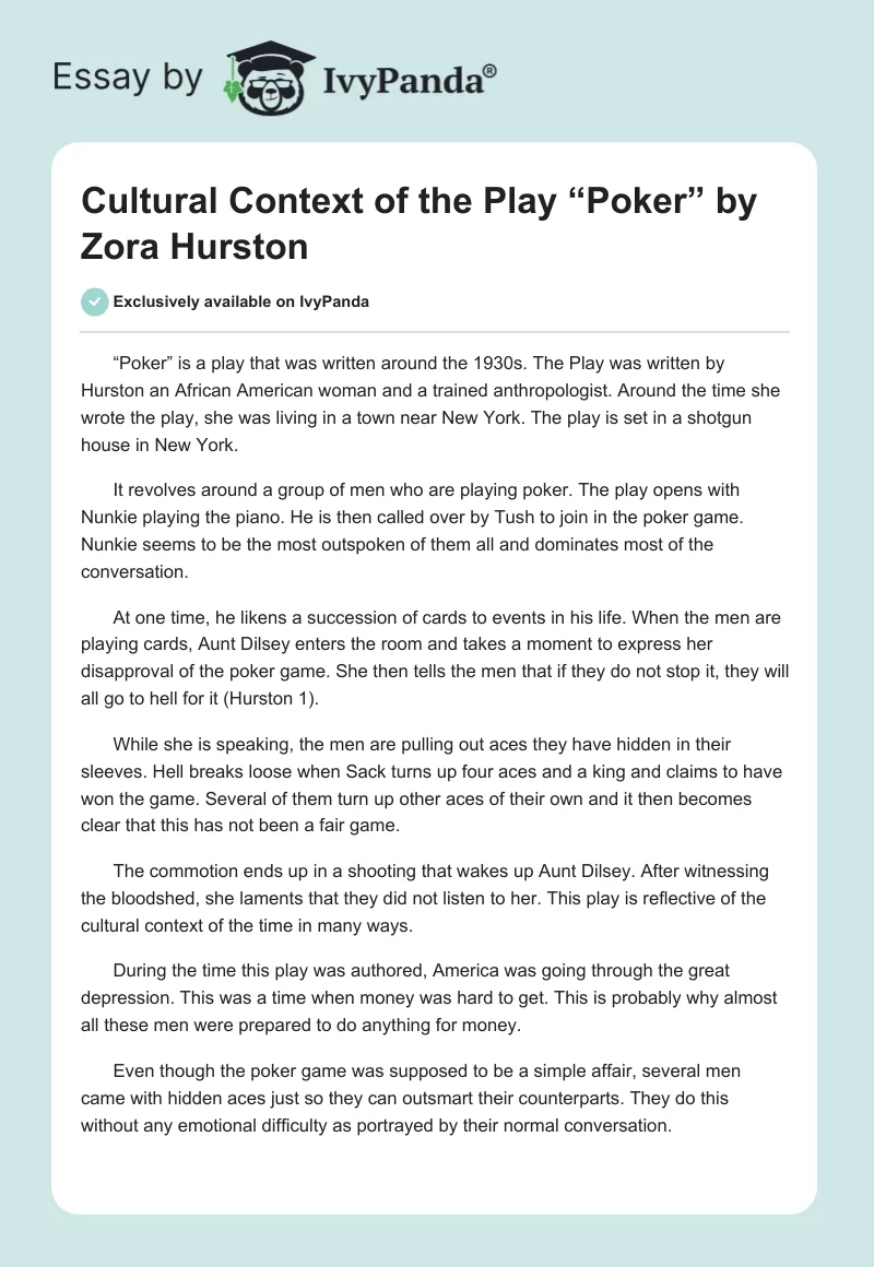 Cultural Context of the Play “Poker” by Zora Hurston. Page 1