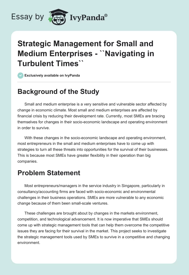 Strategic Management for Small and Medium Enterprises - ``Navigating in Turbulent Times``. Page 1