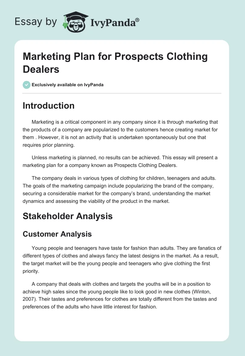 Marketing Plan for Prospects Clothing Dealers. Page 1