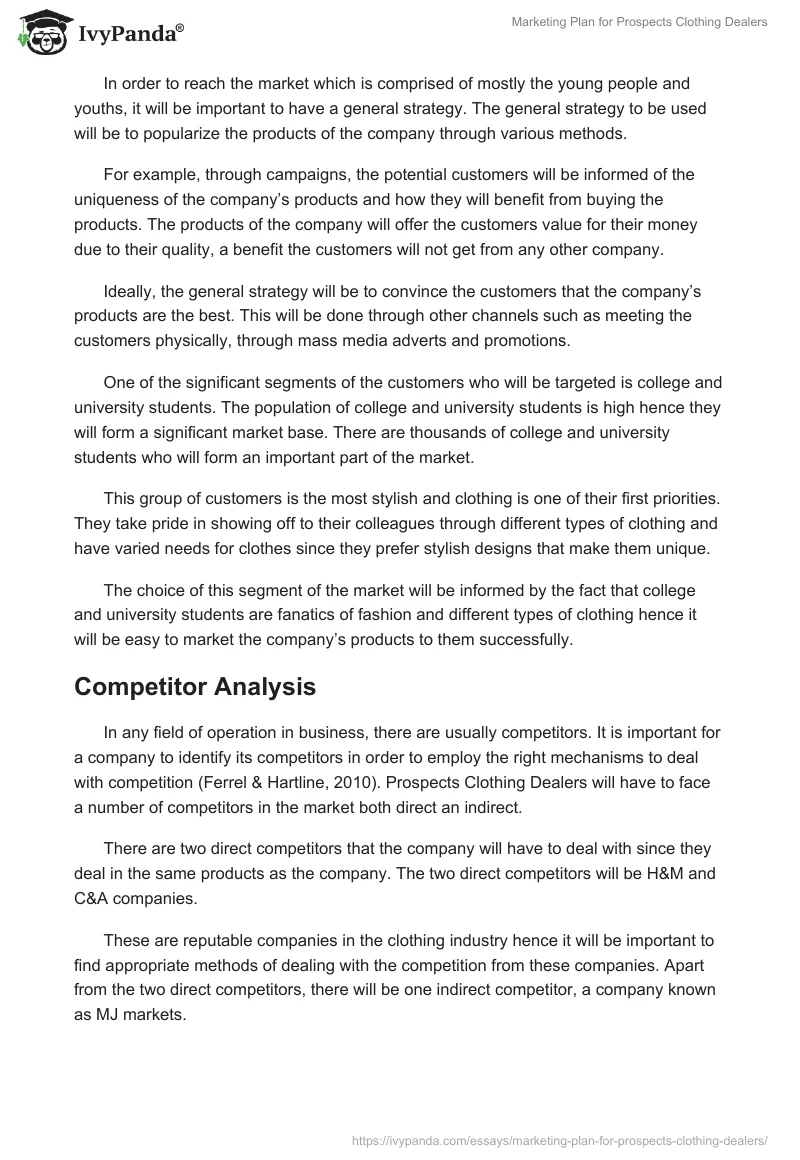 Marketing Plan for Prospects Clothing Dealers. Page 2