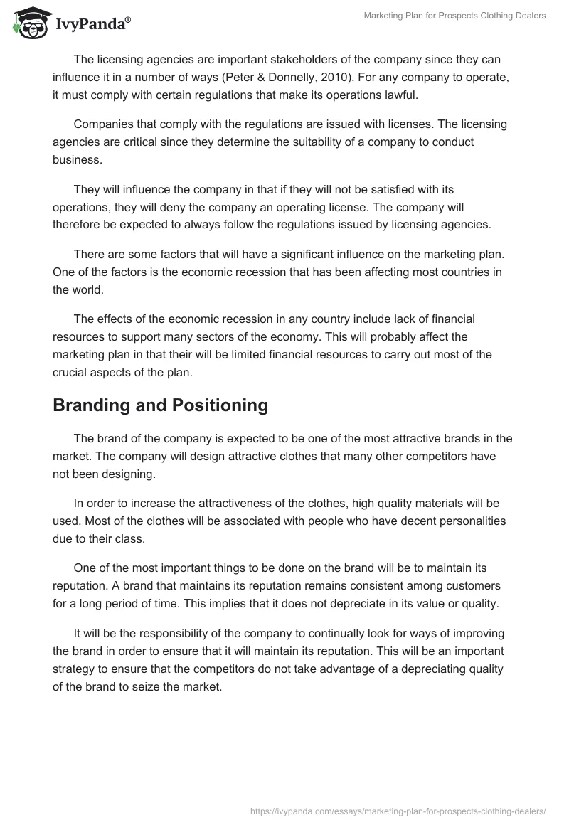 Marketing Plan for Prospects Clothing Dealers. Page 5