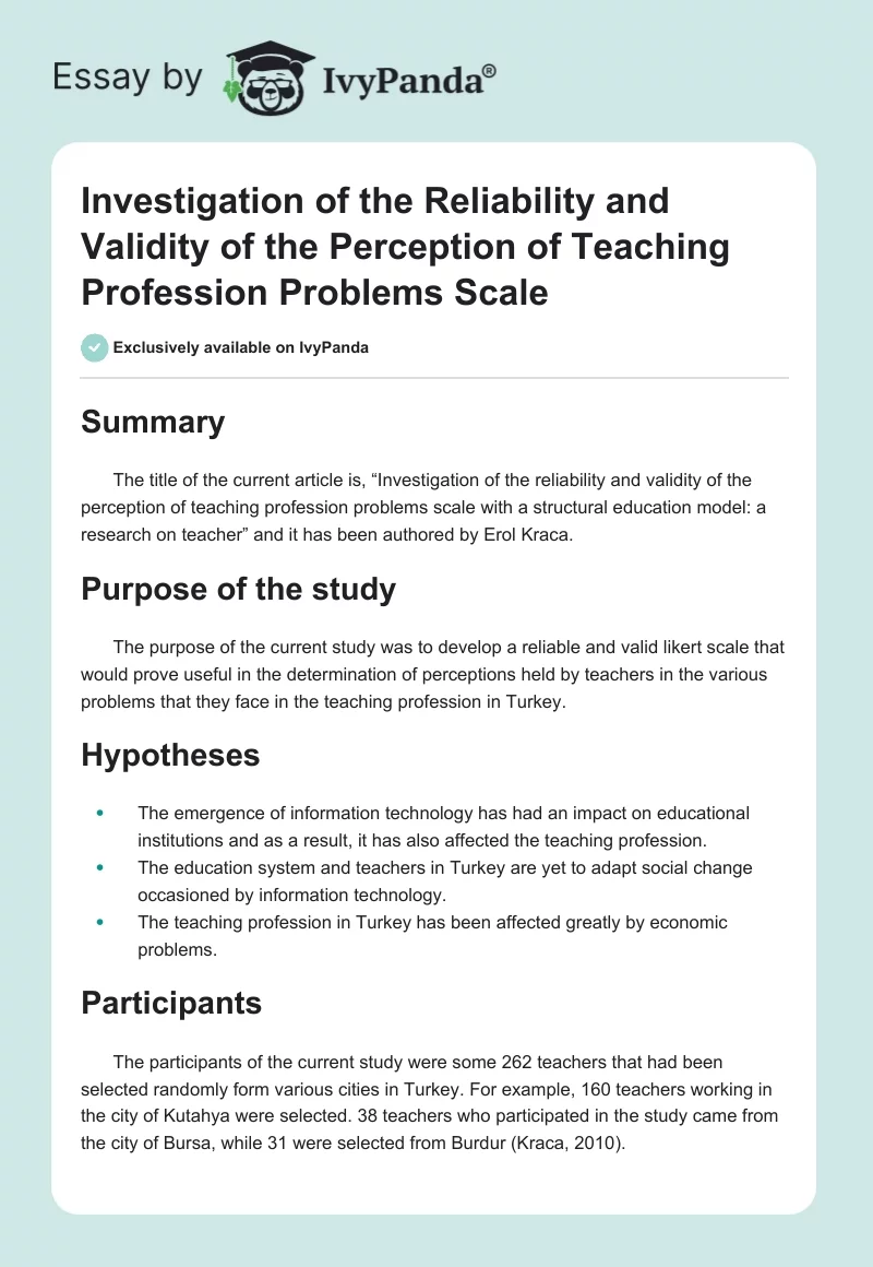 Investigation of the Reliability and Validity of the Perception of Teaching Profession Problems Scale. Page 1