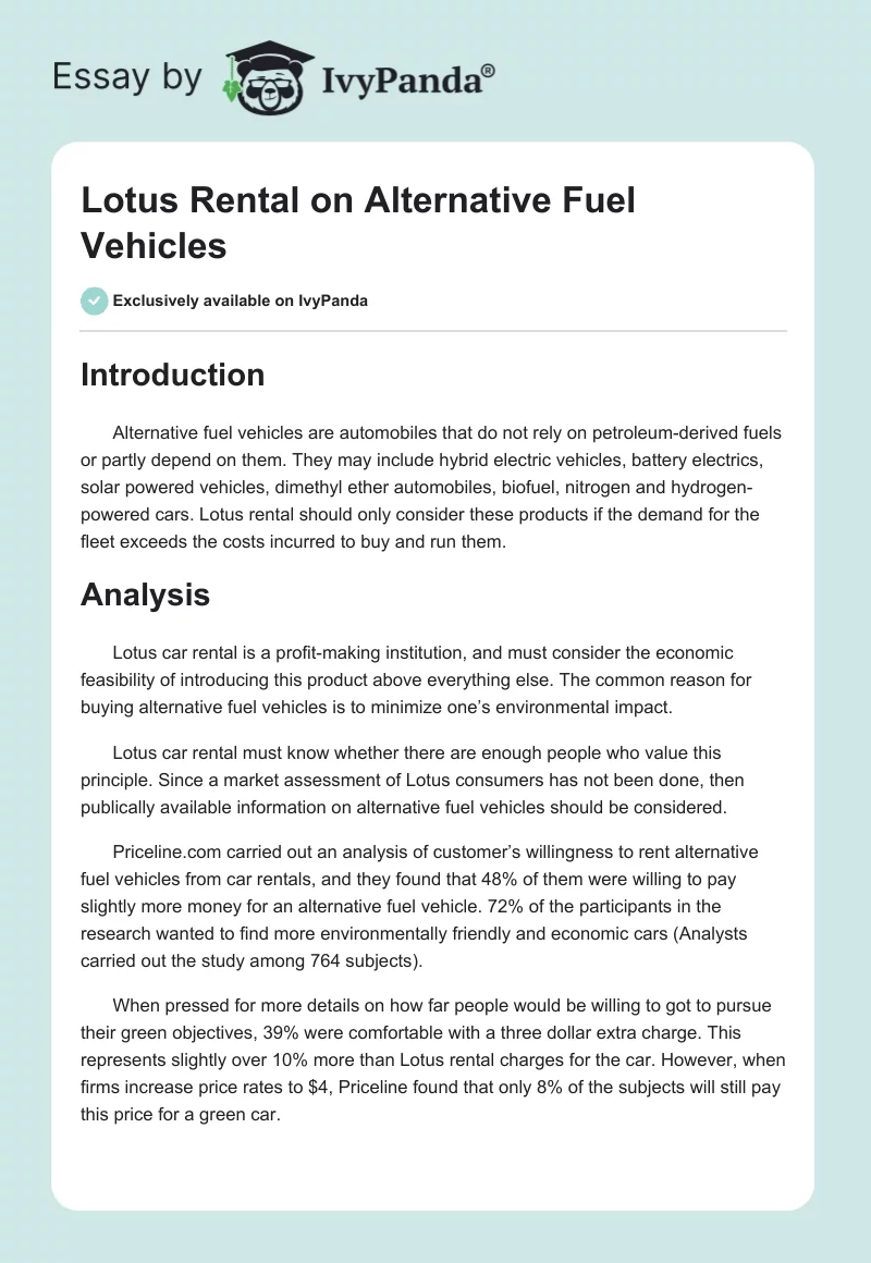 Lotus Rental on Alternative Fuel Vehicles. Page 1