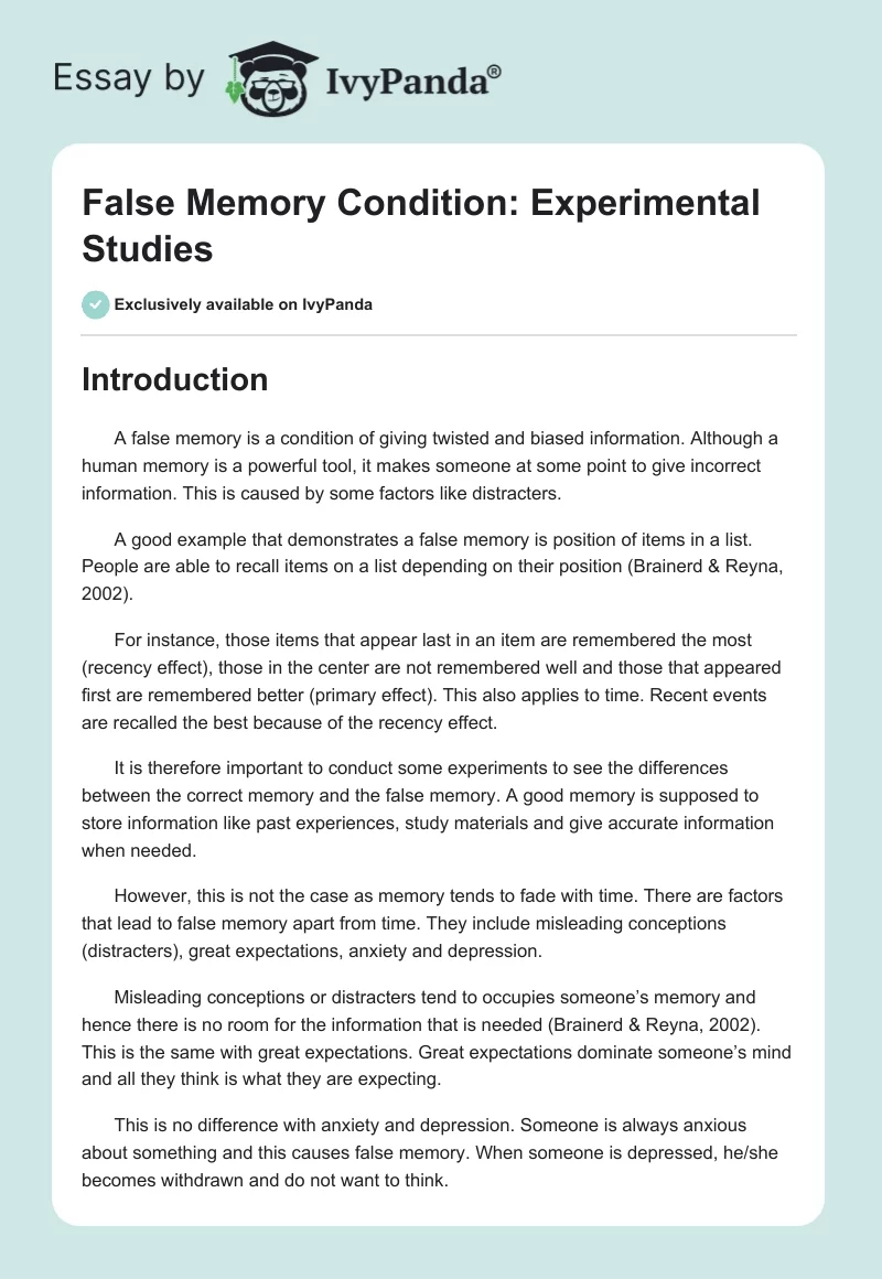 False Memory Condition: Experimental Studies. Page 1