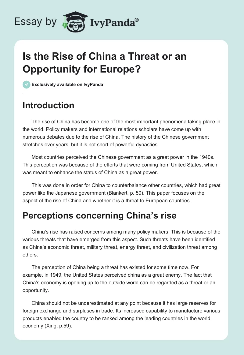 Is the Rise of China a Threat or an Opportunity for Europe?. Page 1