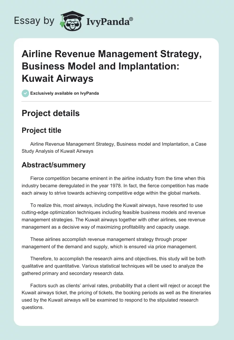 Airline Revenue Management Strategy, Business Model and Implantation: Kuwait Airways. Page 1