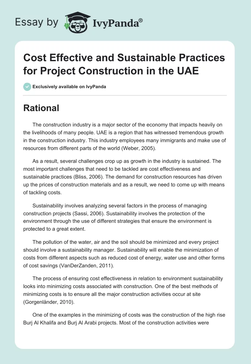 Cost Effective and Sustainable Practices for Project Construction in the UAE. Page 1