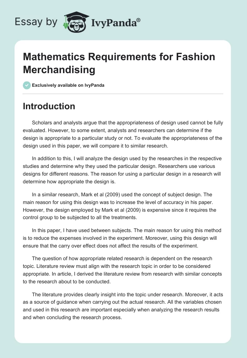 Mathematics Requirements for Fashion Merchandising. Page 1
