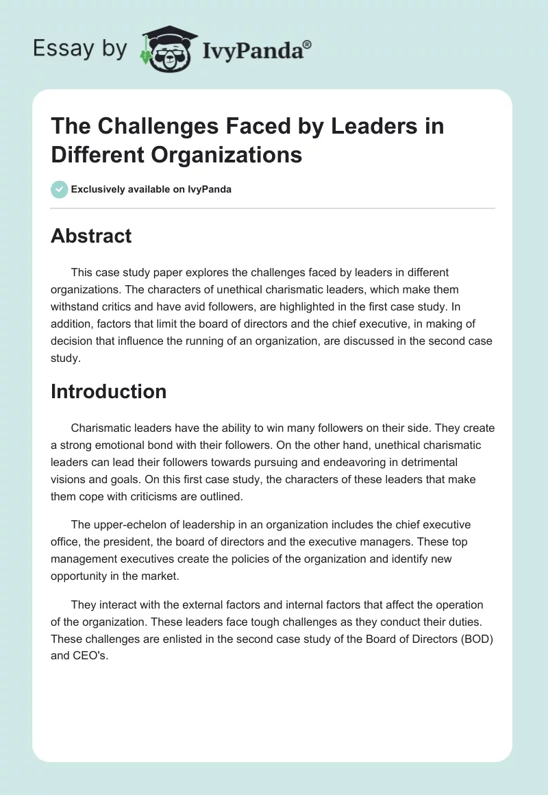 The Challenges Faced by Leaders in Different Organizations. Page 1