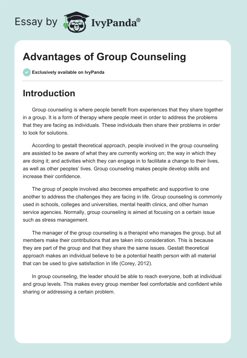 Advantages of Group Counseling. Page 1