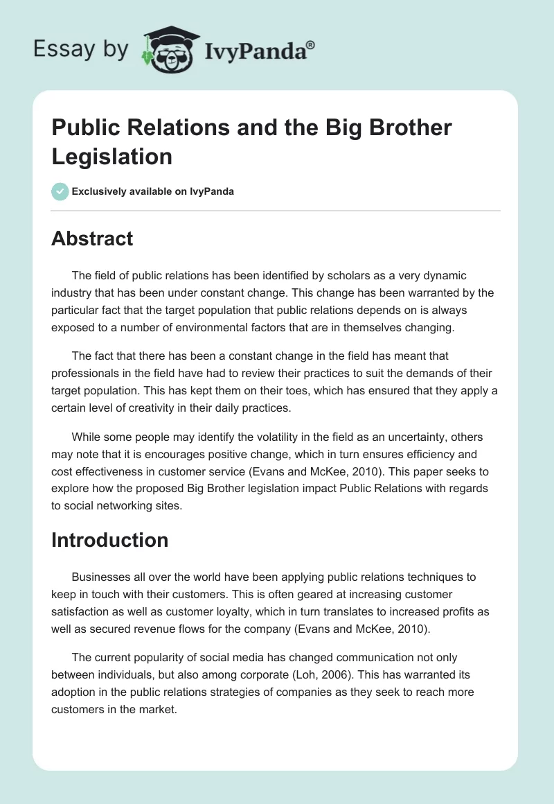 Public Relations and the Big Brother Legislation. Page 1