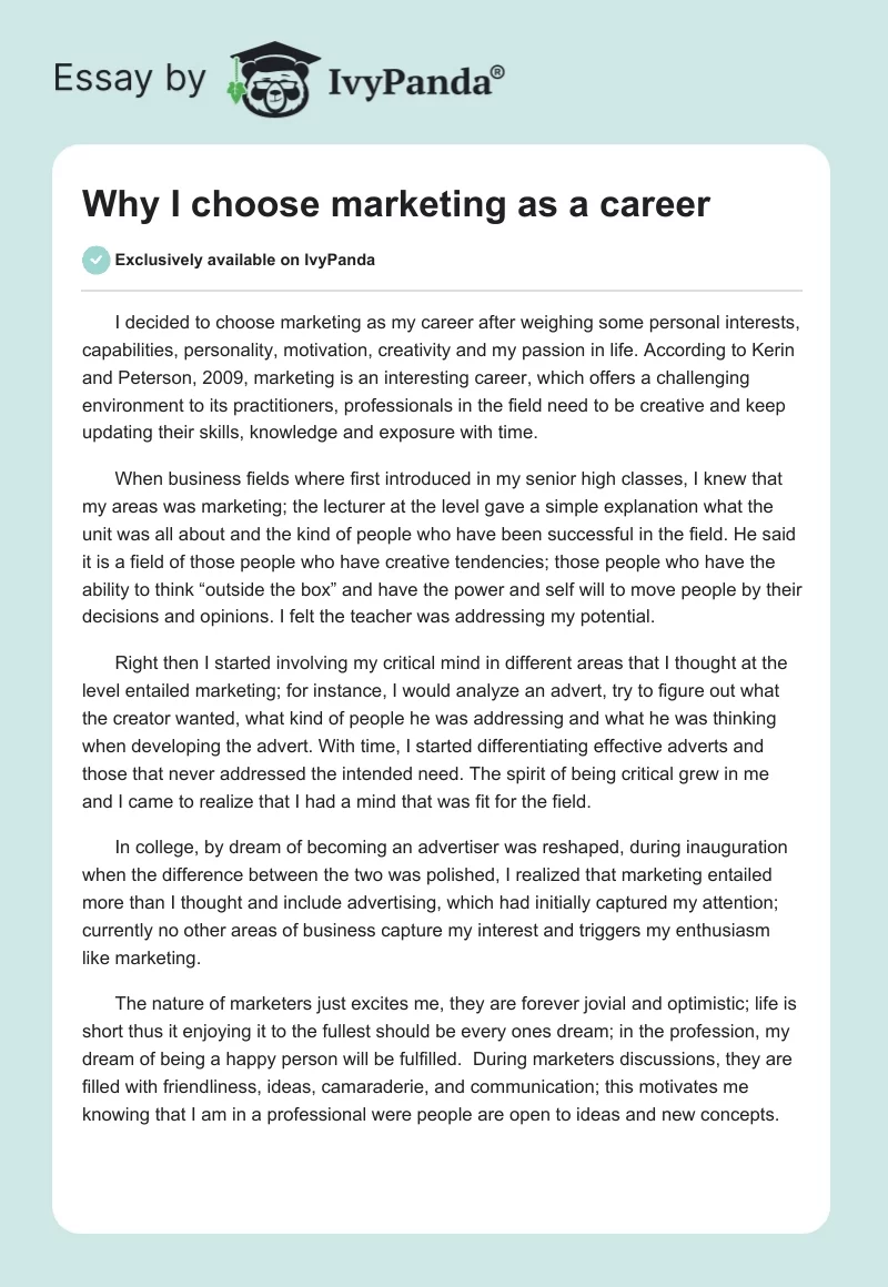 Why I Want to Study Marketing: Essay Example. Page 1