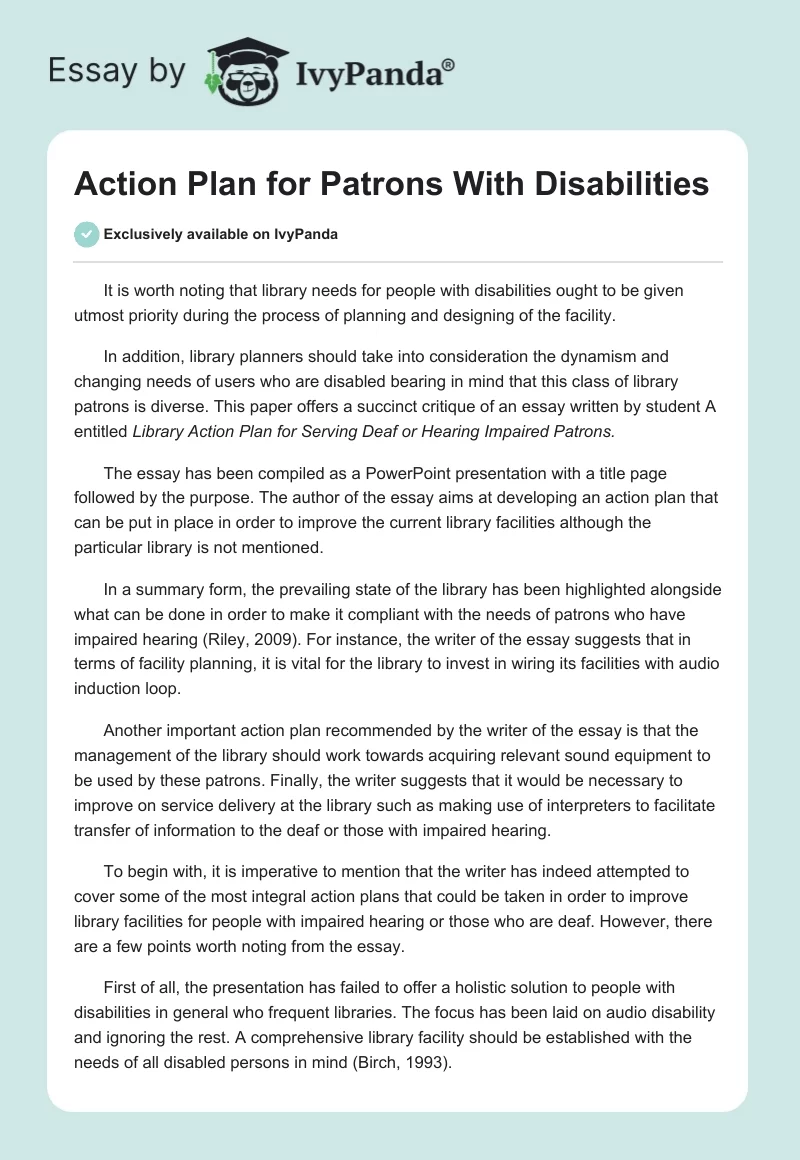 Action Plan for Patrons With Disabilities. Page 1