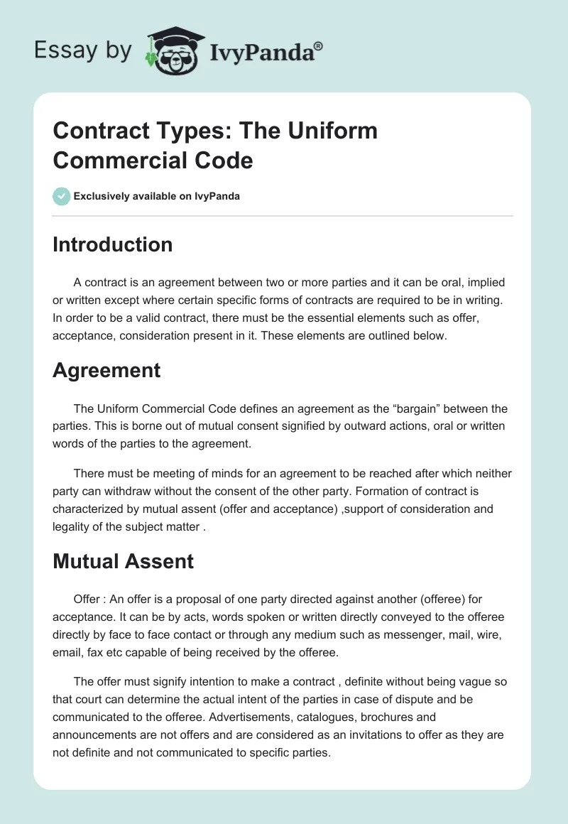Contract Types: The Uniform Commercial Code. Page 1
