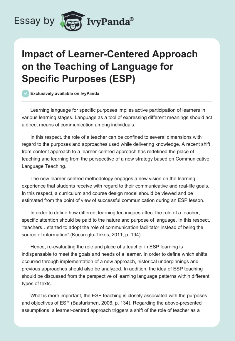 Impact of Learner-Centered Approach on the Teaching of Language for Specific Purposes (ESP). Page 1