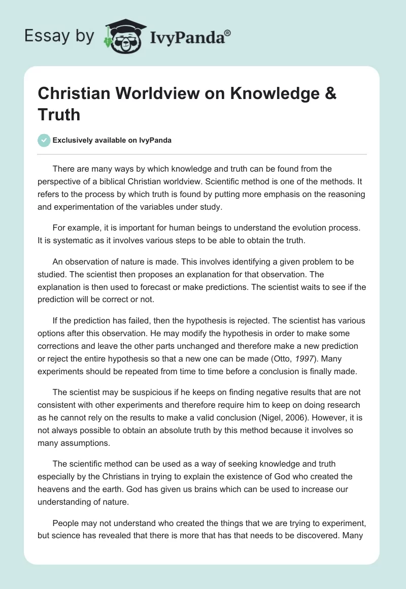 Christian Worldview on Knowledge & Truth. Page 1