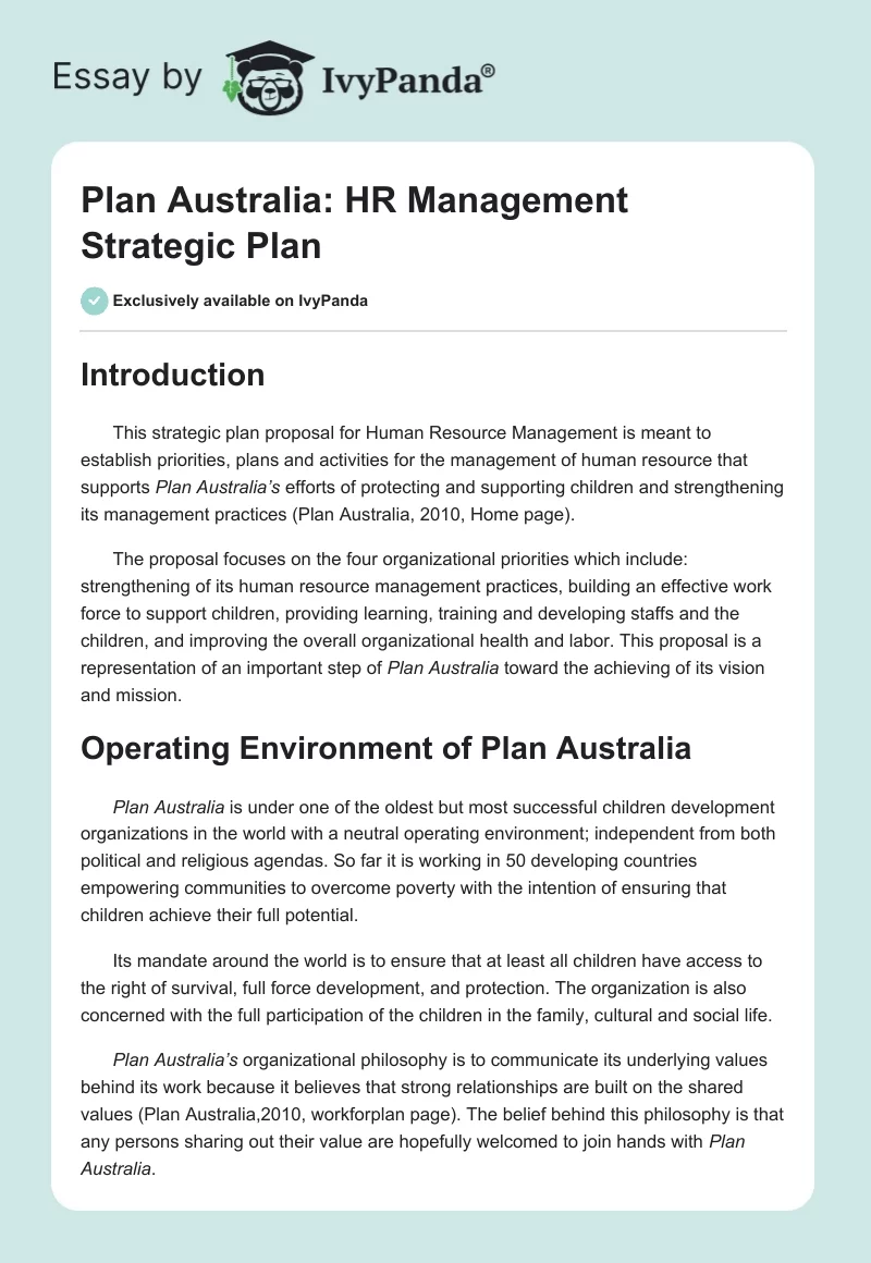 Plan Australia: HR Management Strategic Plan. Page 1