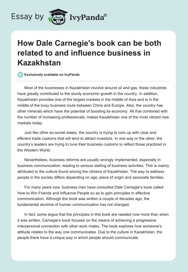 How Dale Carnegie's book can be both related to and influence business in Kazakhstan. Page 1