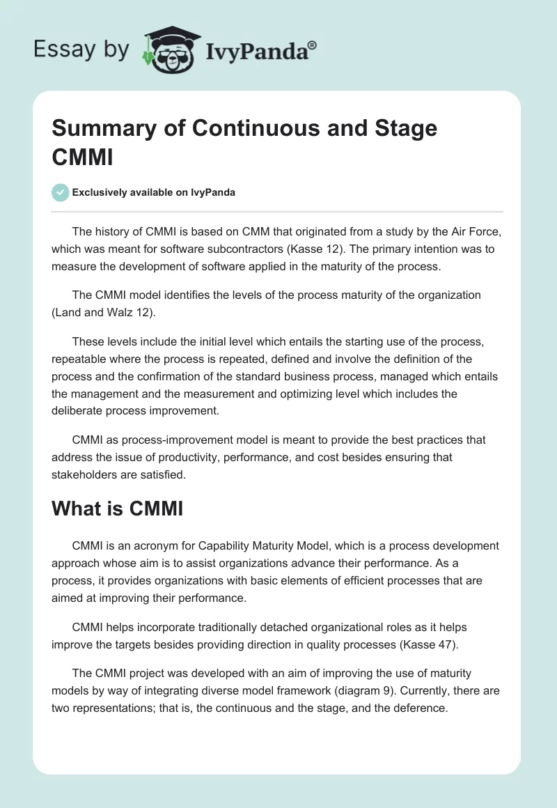 Summary of Continuous and Stage CMMI. Page 1