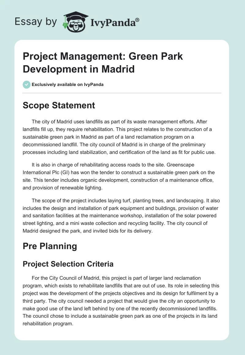 Project Management: Green Park Development in Madrid. Page 1