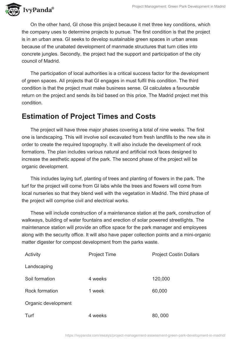 Project Management: Green Park Development in Madrid. Page 2