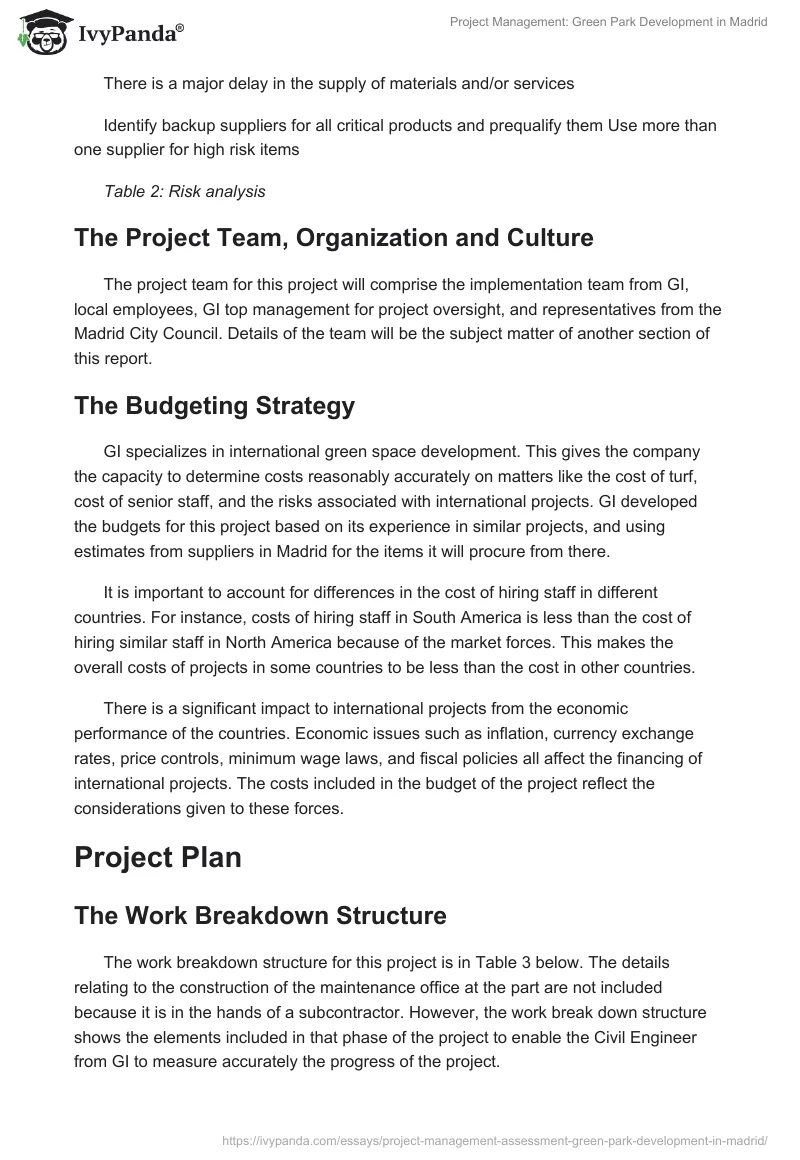 Project Management: Green Park Development in Madrid. Page 5