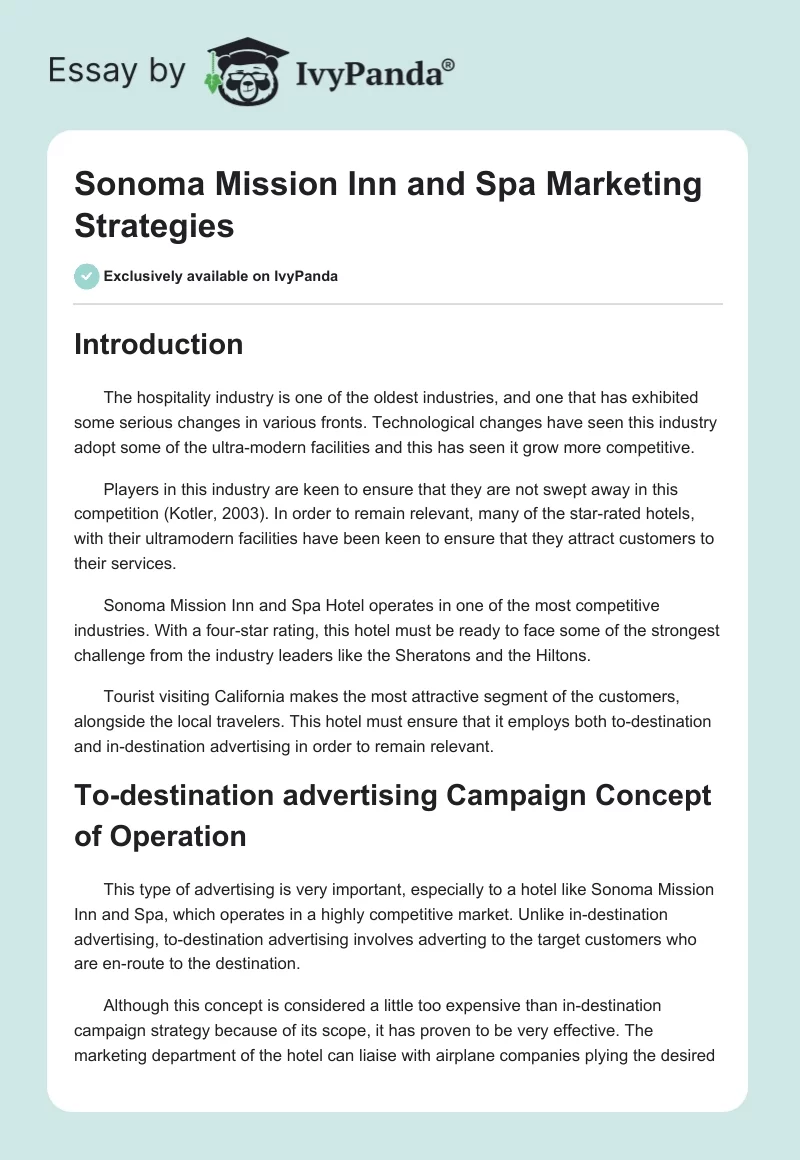 Sonoma Mission Inn and Spa Marketing Strategies. Page 1