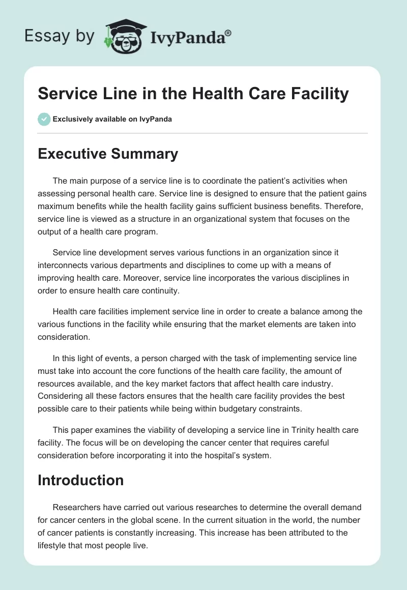 Service Line in the Health Care Facility. Page 1