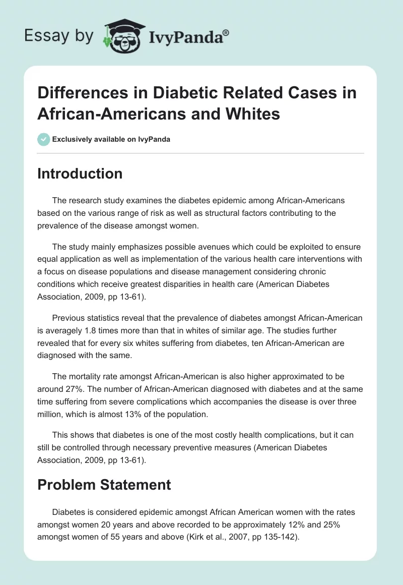 Differences in Diabetic Related Cases in African-Americans and Whites. Page 1