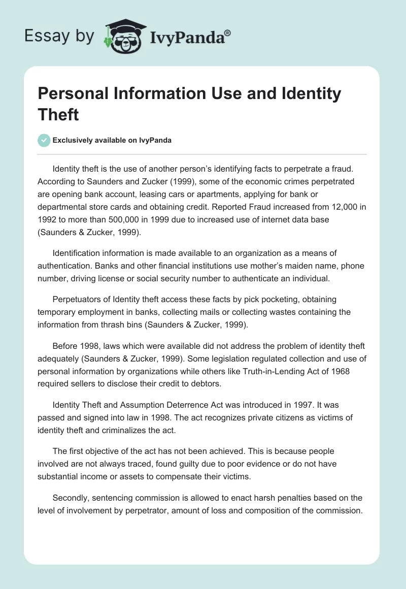 Personal Information Use and Identity Theft. Page 1