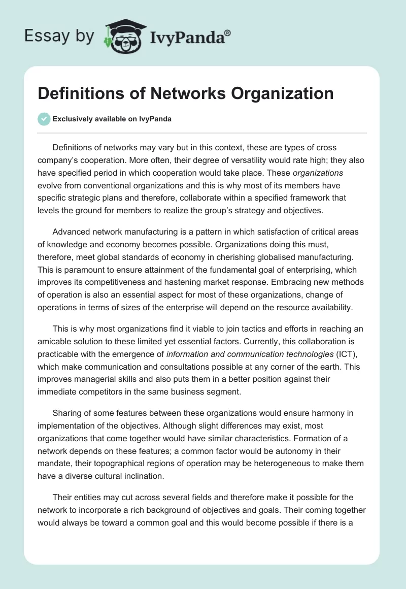 Definitions of Networks Organization. Page 1