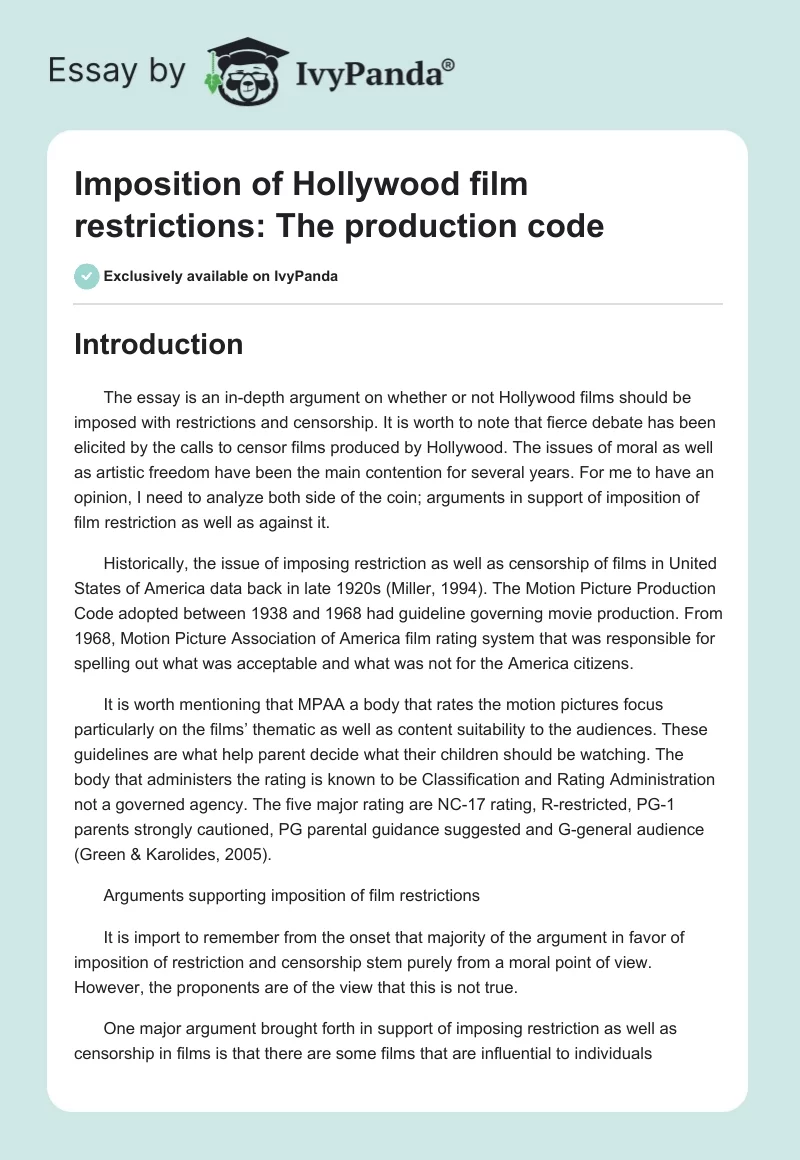 Imposition of Hollywood Film Restrictions: The Production Code. Page 1