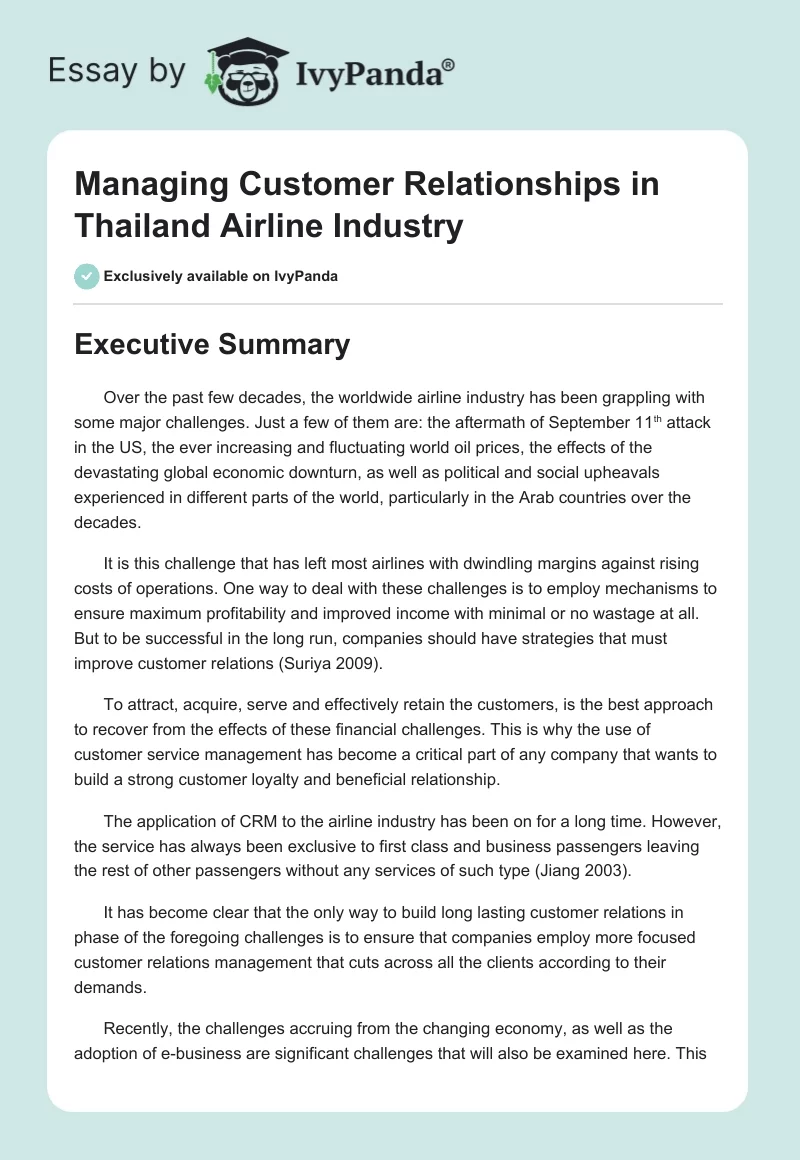 Managing Customer Relationships in Thailand Airline Industry. Page 1