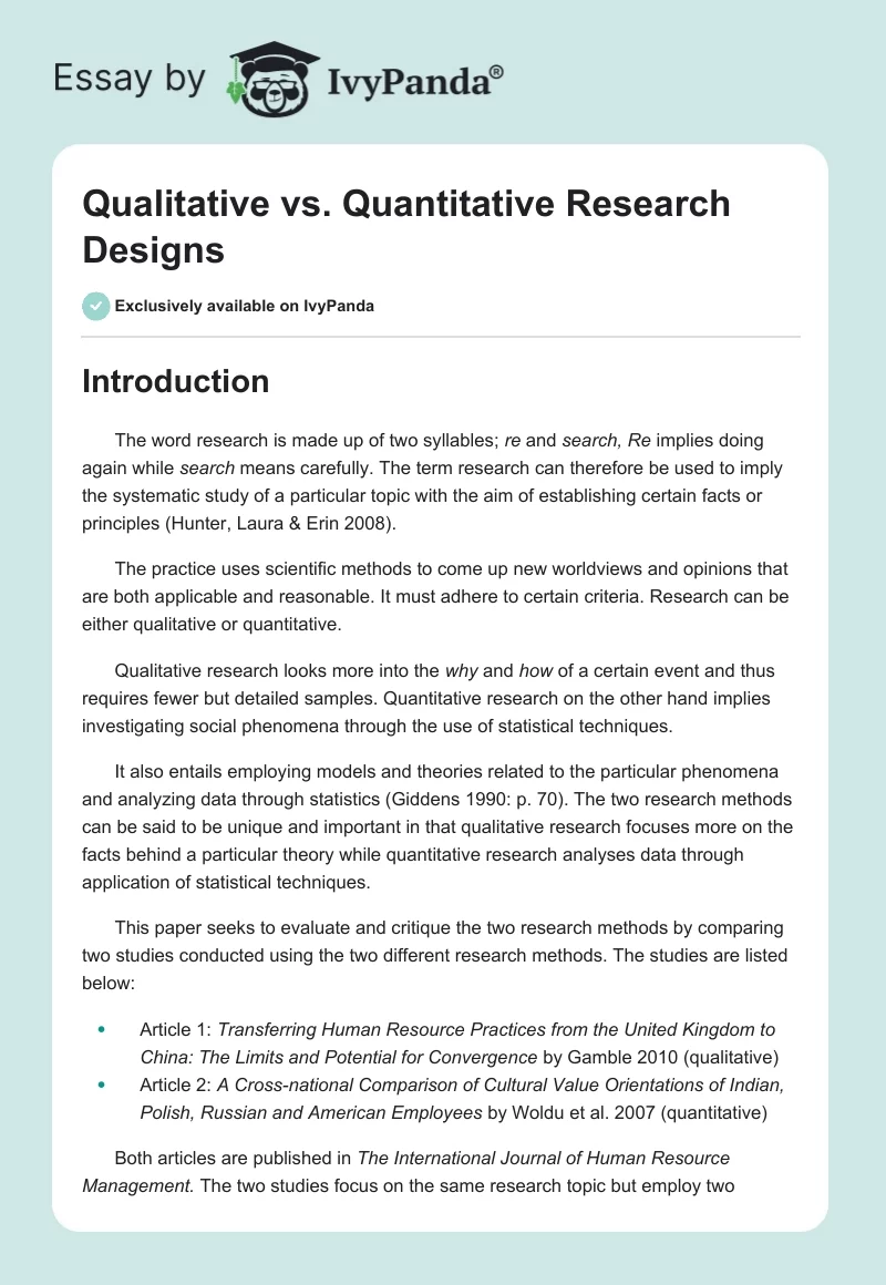 Qualitative vs. Quantitative Research Designs - 1971 Words | Essay Example