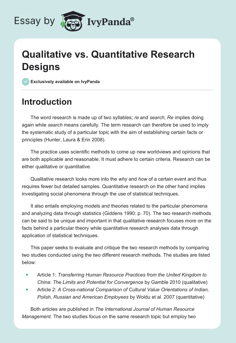 Qualitative vs. Quantitative Research Designs. Page 1