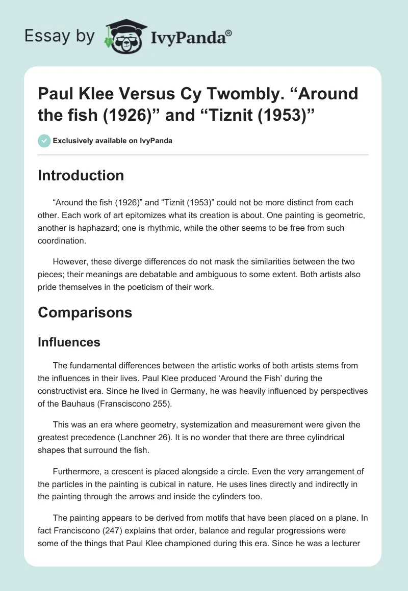 Paul Klee Versus Cy Twombly. “Around the fish (1926)” and “Tiznit (1953)”. Page 1