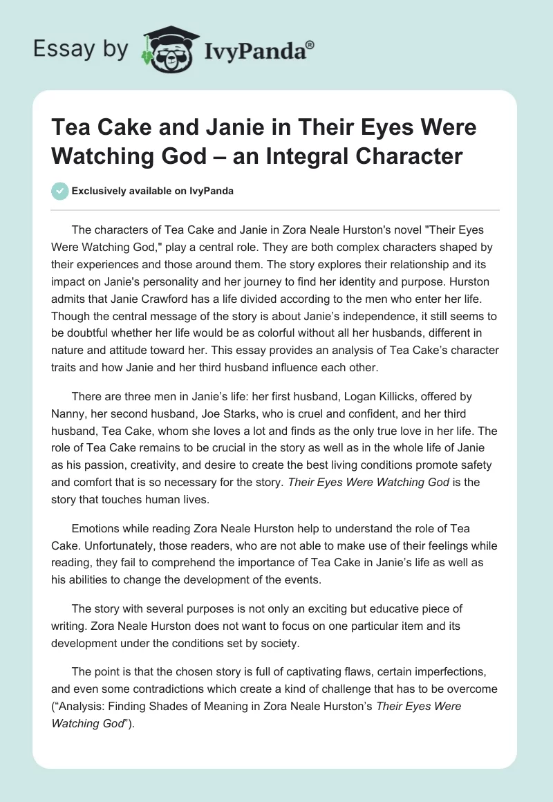 Tea Cake and Janie in Their Eyes Were Watching God – an Integral Character. Page 1