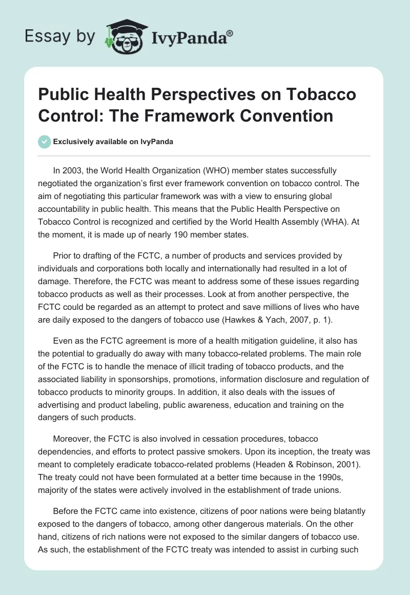 Public Health Perspectives on Tobacco Control: The Framework Convention. Page 1