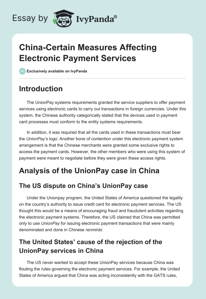 China-Certain Measures Affecting Electronic Payment Services. Page 1