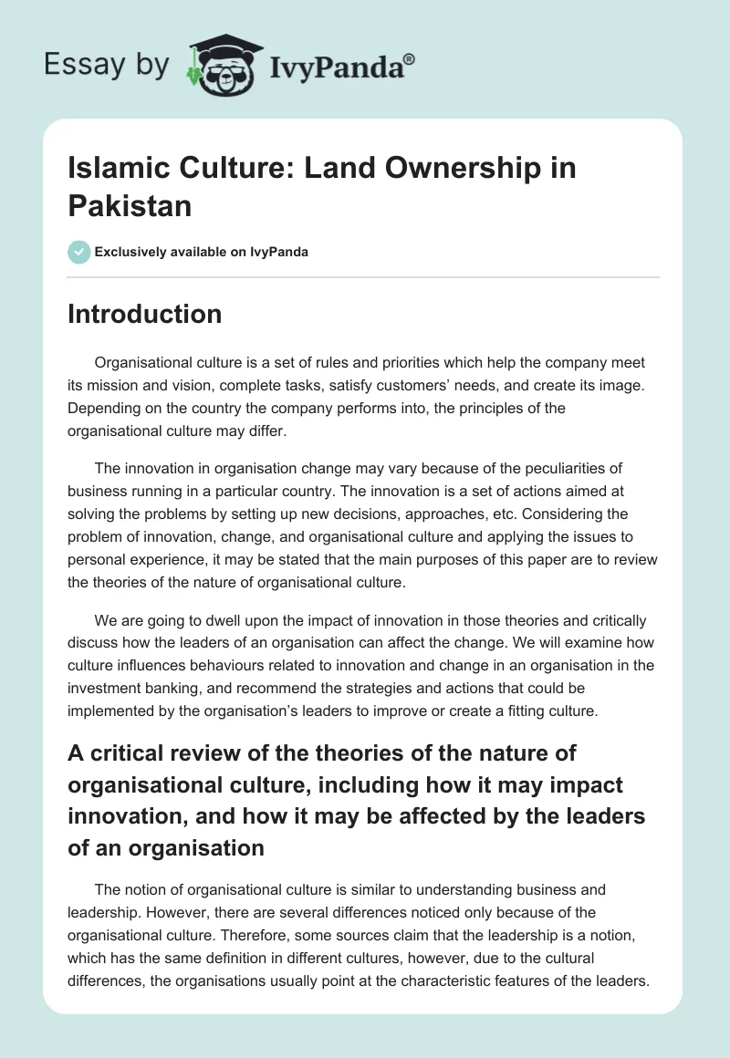 Islamic Culture: Land Ownership in Pakistan. Page 1