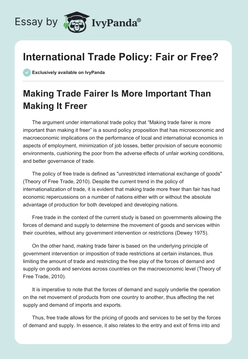 International Trade Policy: Fair or Free?. Page 1