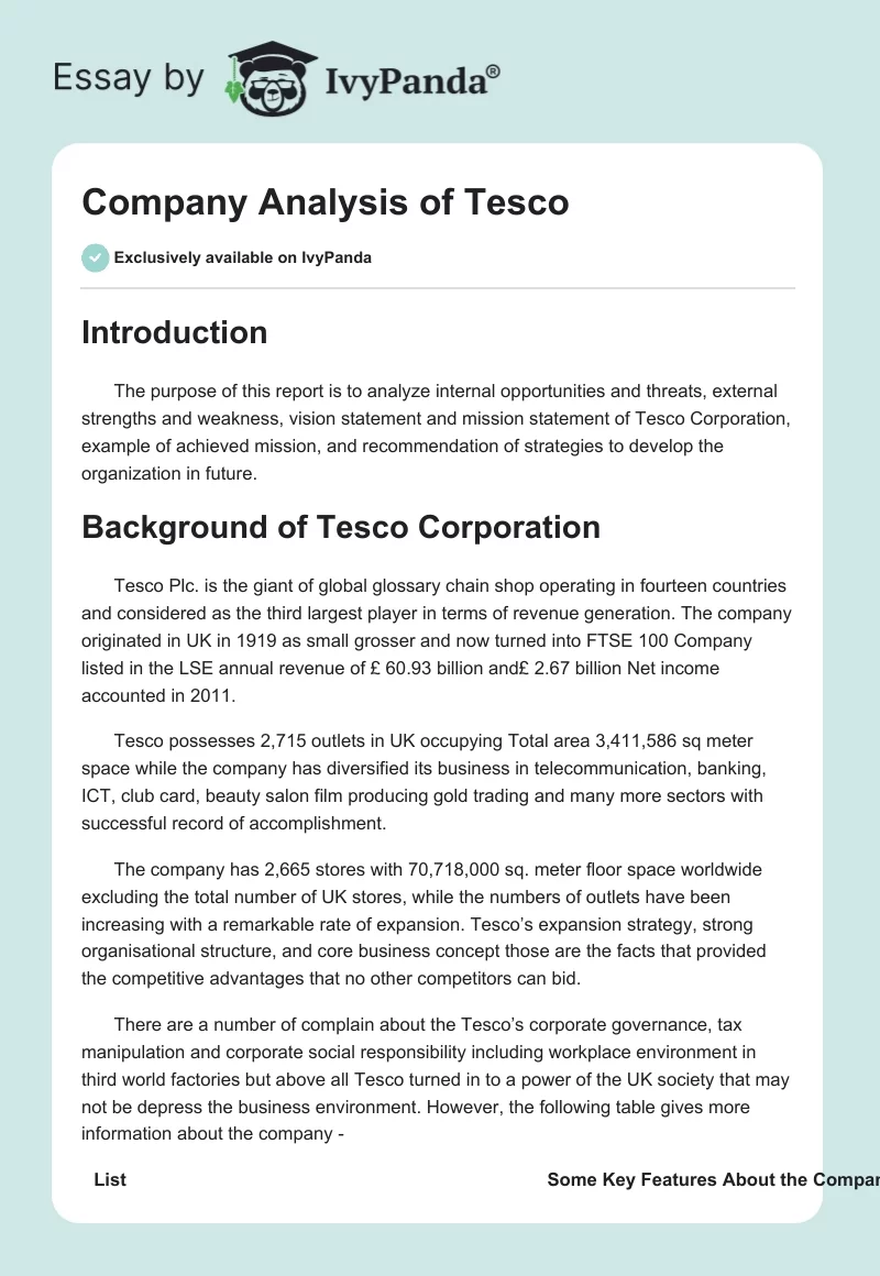 Company Analysis of Tesco. Page 1