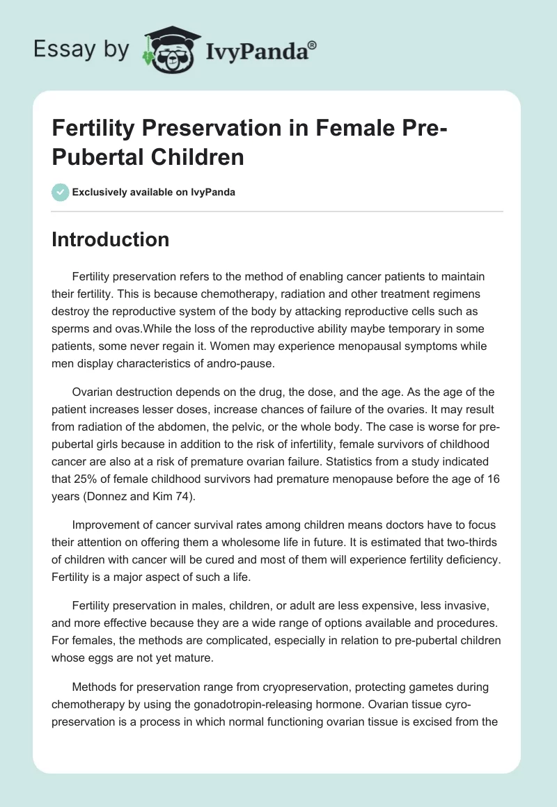Fertility Preservation in Female Pre-Pubertal Children. Page 1