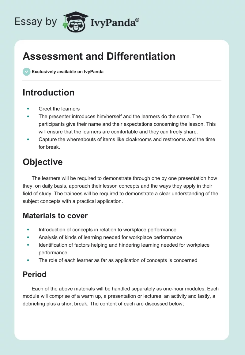 Assessment and Differentiation. Page 1