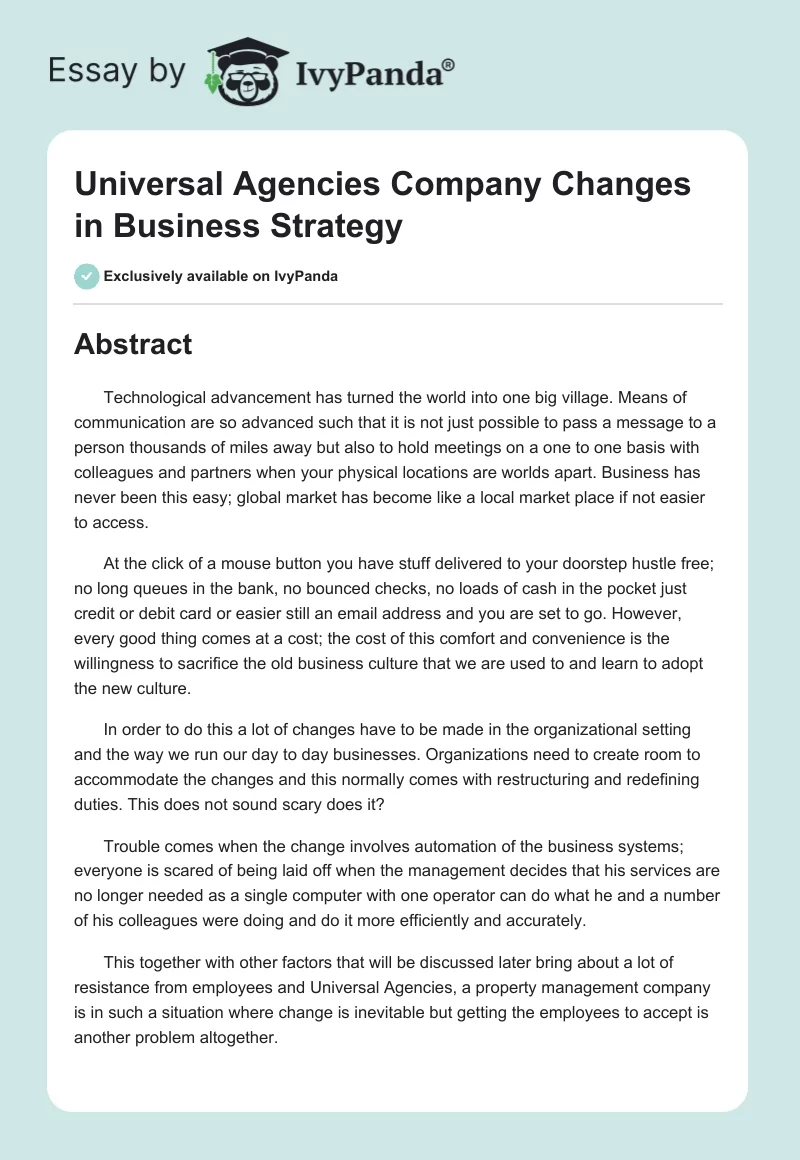 Universal Agencies Company Changes in Business Strategy. Page 1