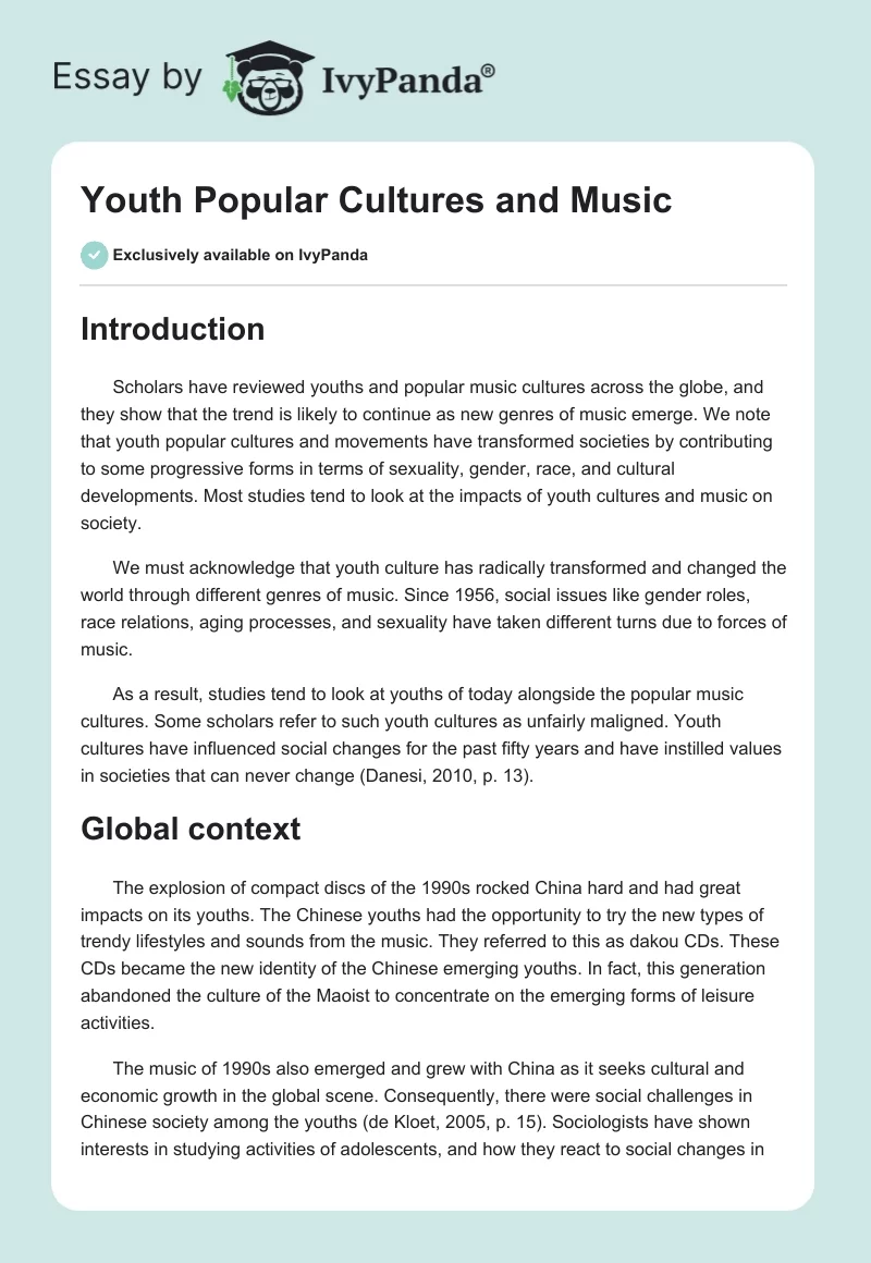 Youth Popular Cultures and Music. Page 1