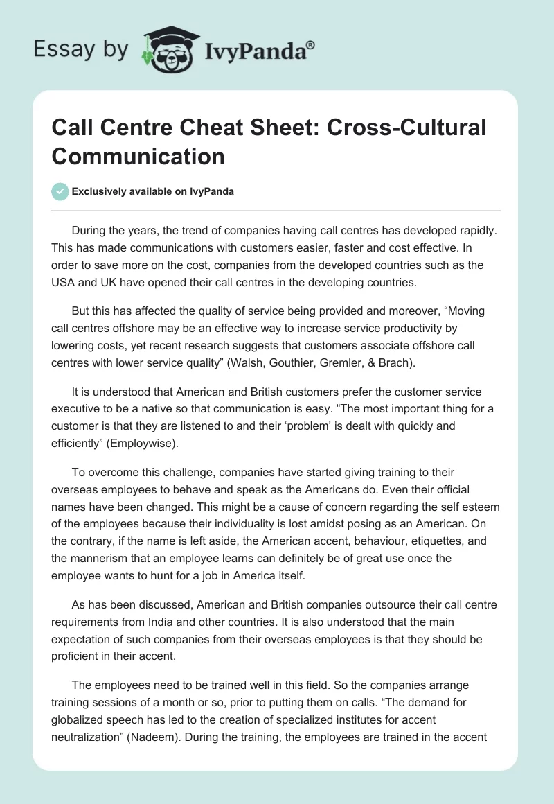 Call Centre Cheat Sheet: Cross-Cultural Communication. Page 1
