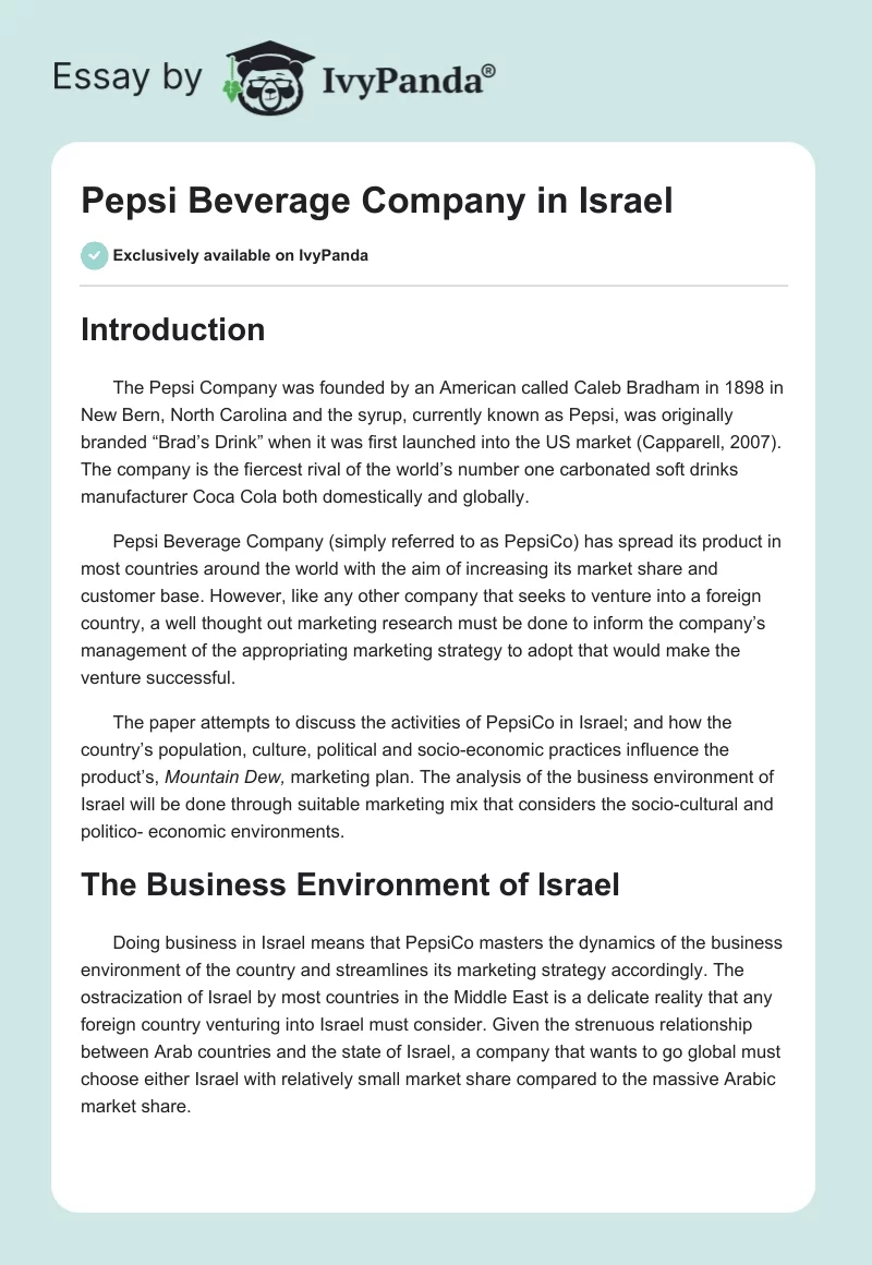 Pepsi Beverage Company in Israel. Page 1