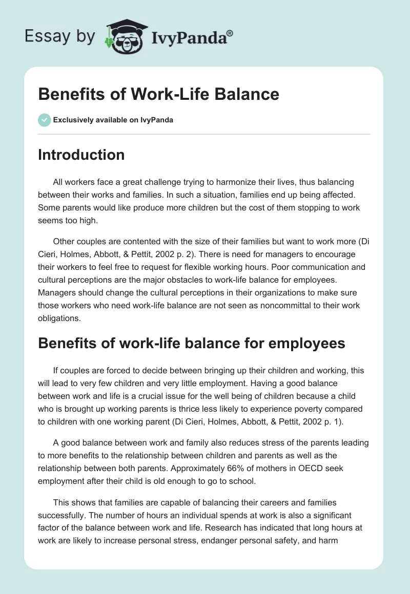 Benefits of Work-Life Balance. Page 1